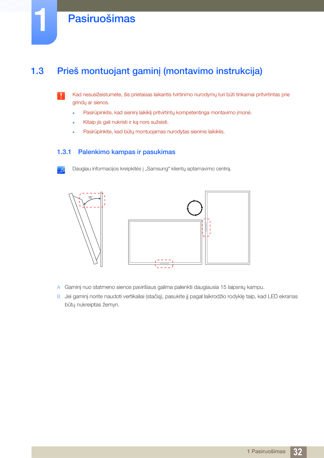 Samsung LH40HDBPLGD/EN manual Prieš montuojant gaminį montavimo instrukcija, Palenkimo kampas ir pasukimas 