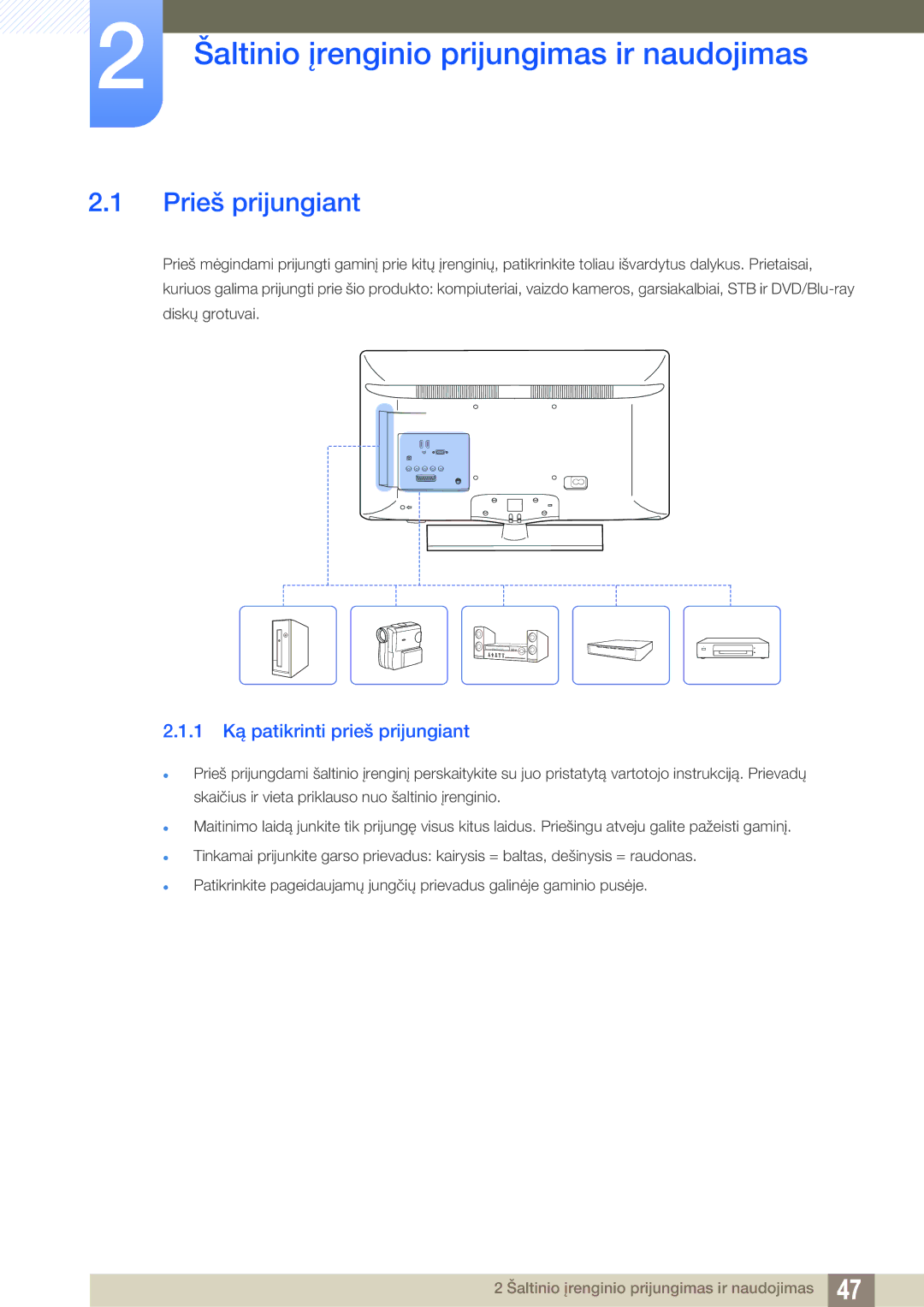 Samsung LH40HDBPLGD/EN Šaltinio įrenginio prijungimas ir naudojimas, Prieš prijungiant, 1 Ką patikrinti prieš prijungiant 