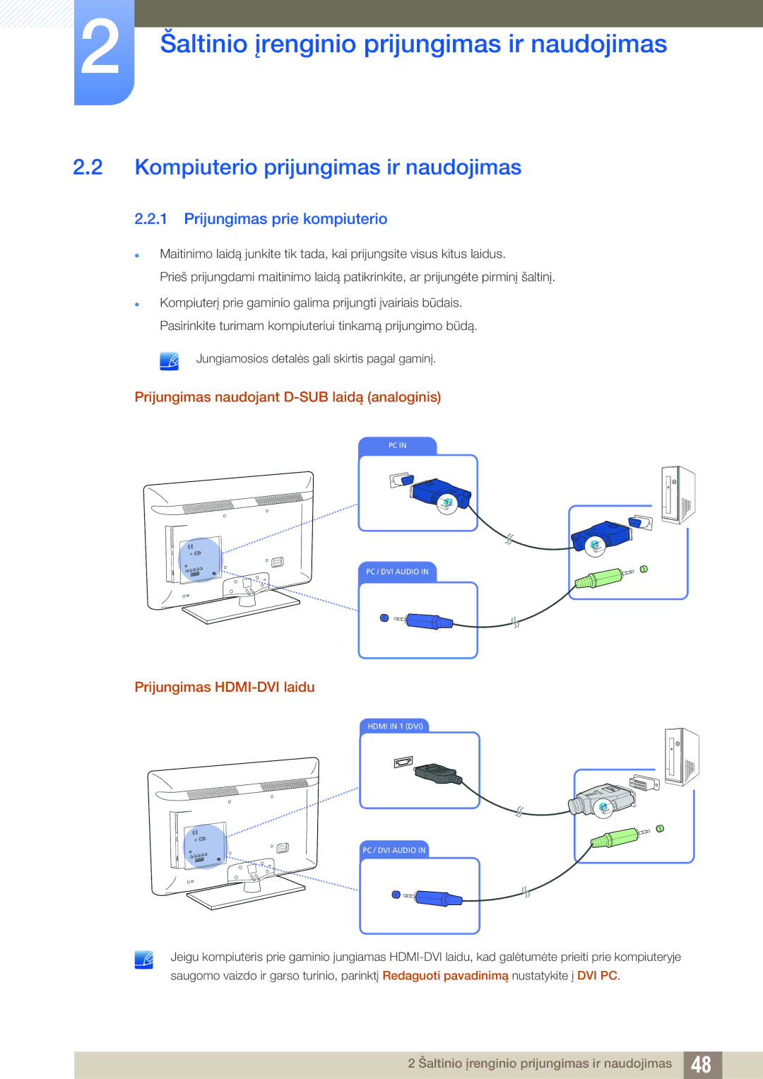 Samsung LH40HDBPLGD/EN Kompiuterio prijungimas ir naudojimas, Prijungimas prie kompiuterio, Prijungimas HDMI-DVI laidu 