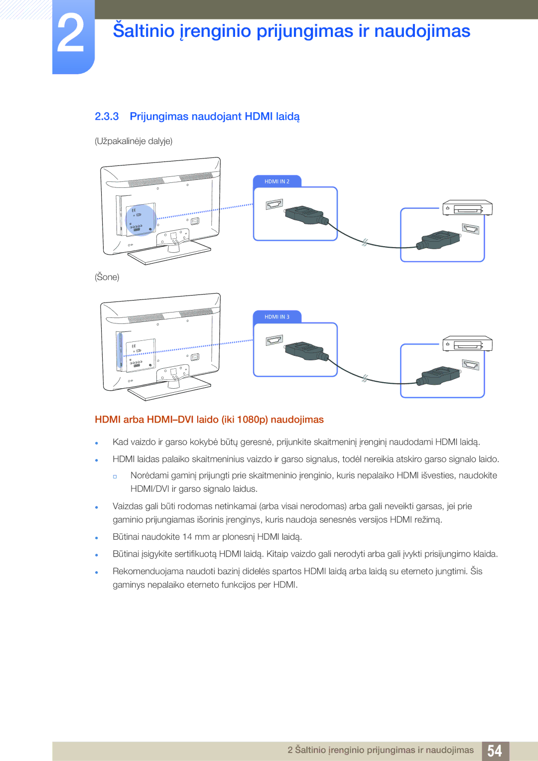 Samsung LH40HDBPLGD/EN manual Prijungimas naudojant Hdmi laidą, Hdmi arba HDMI-DVI laido iki 1080p naudojimas 