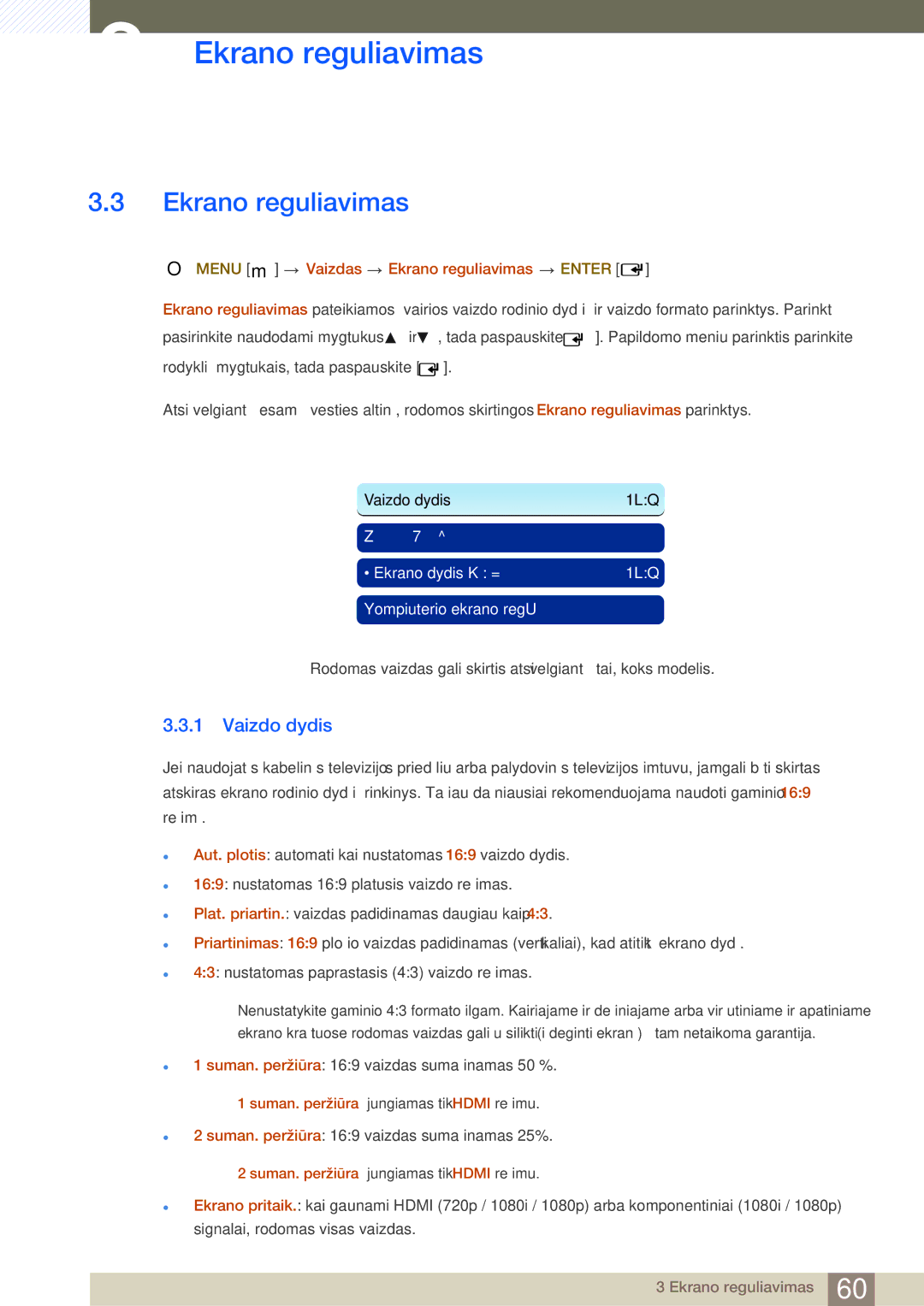 Samsung LH40HDBPLGD/EN manual Vaizdo dydis, Menu m Vaizdas Ekrano reguliavimas Enter 