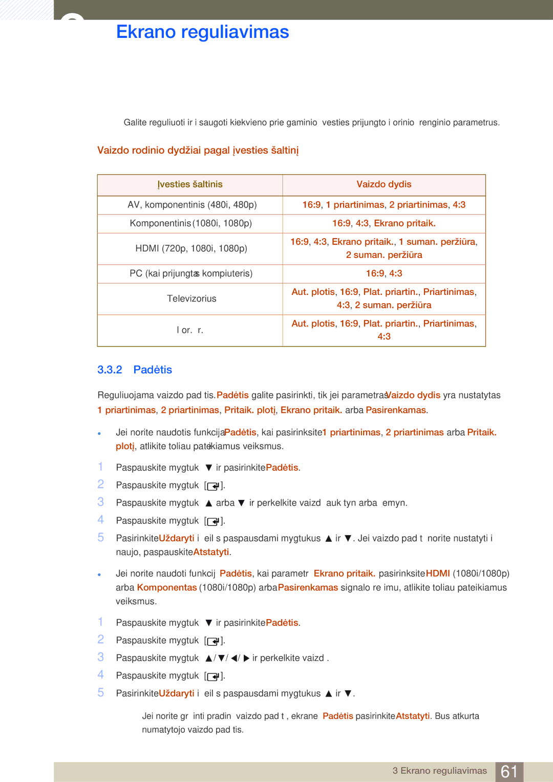 Samsung LH40HDBPLGD/EN manual 2 Padėtis, Vaizdo rodinio dydžiai pagal įvesties šaltinį 