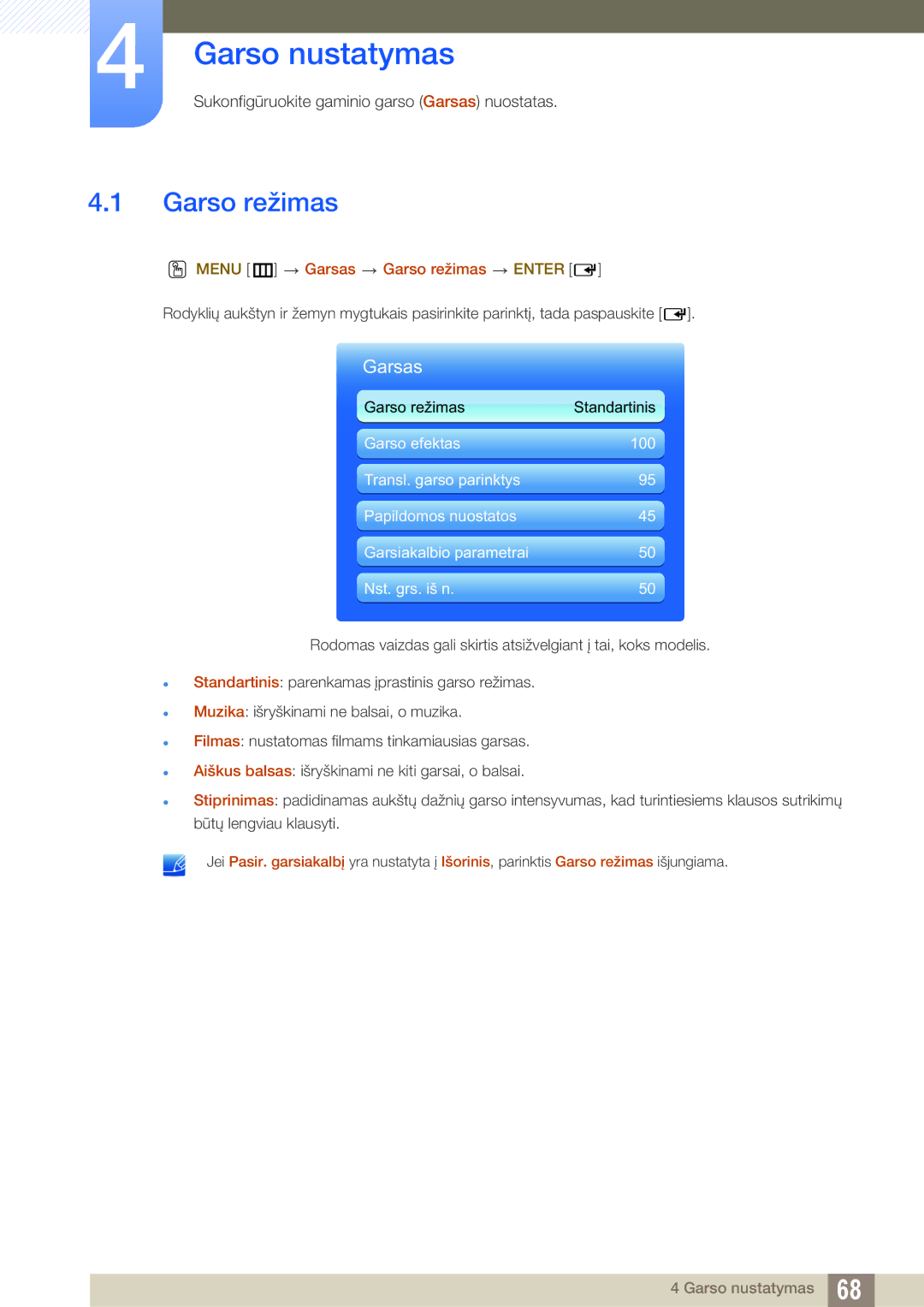 Samsung LH40HDBPLGD/EN manual Garso nustatymas, Menu m Garsas Garso režimas Enter 
