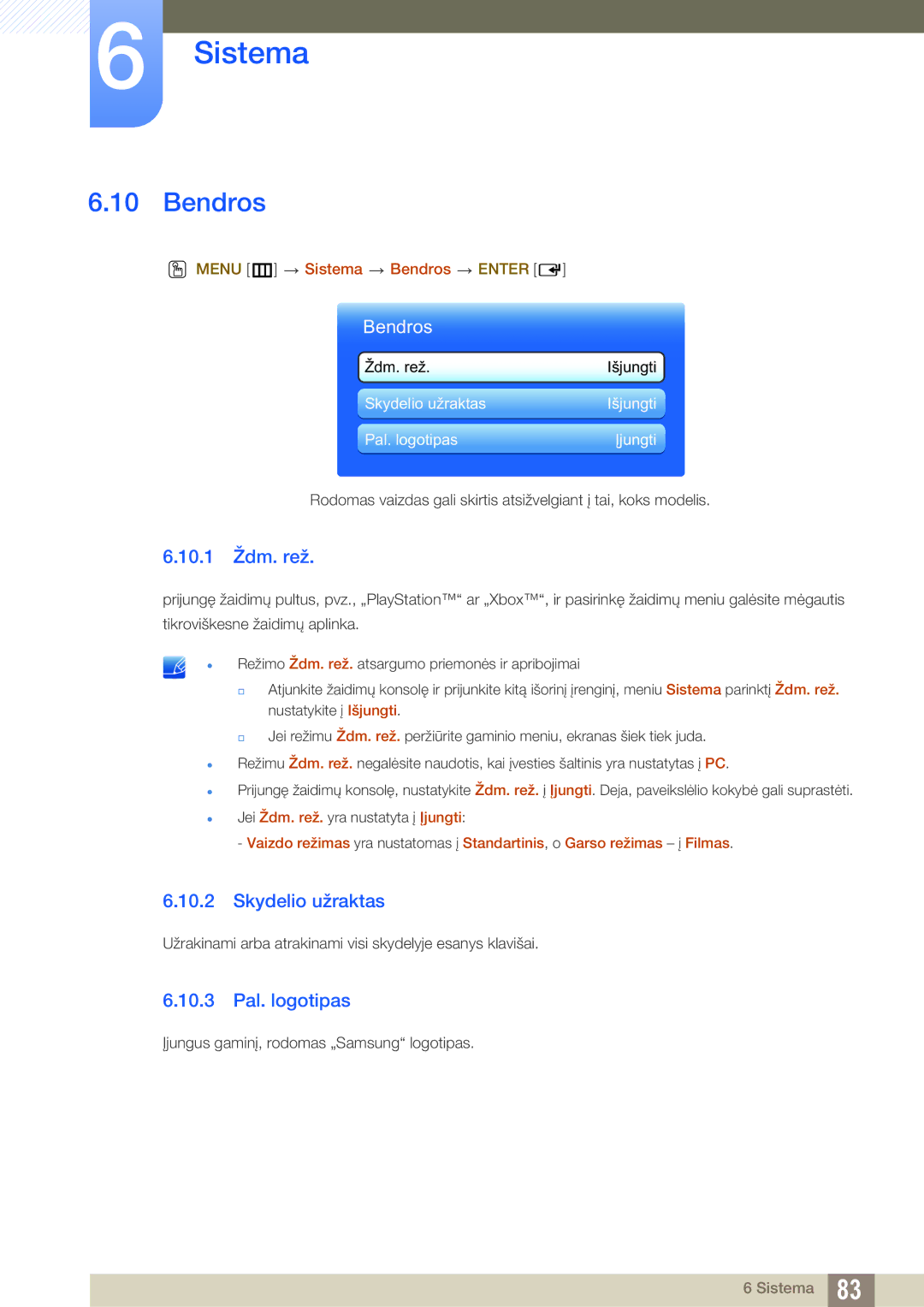 Samsung LH40HDBPLGD/EN manual 10.1 Ždm. rež, Skydelio užraktas, 10.3 Pal. logotipas, Menu m Sistema Bendros Enter 