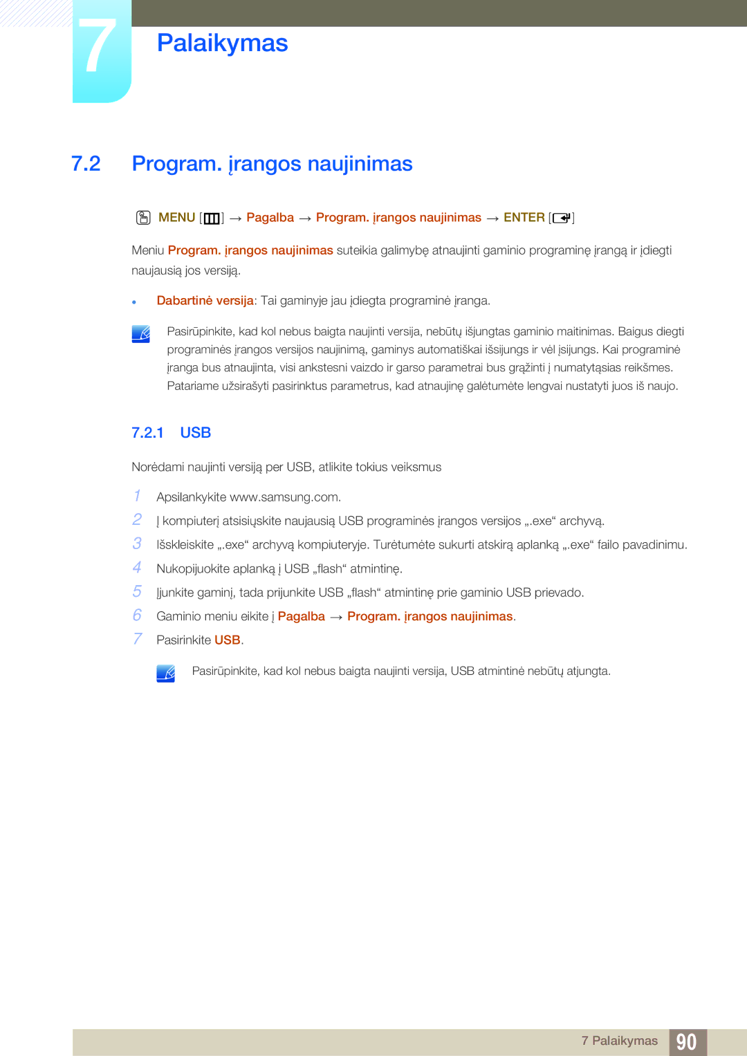 Samsung LH40HDBPLGD/EN manual 1 USB, Menu m Pagalba Program. įrangos naujinimas Enter 