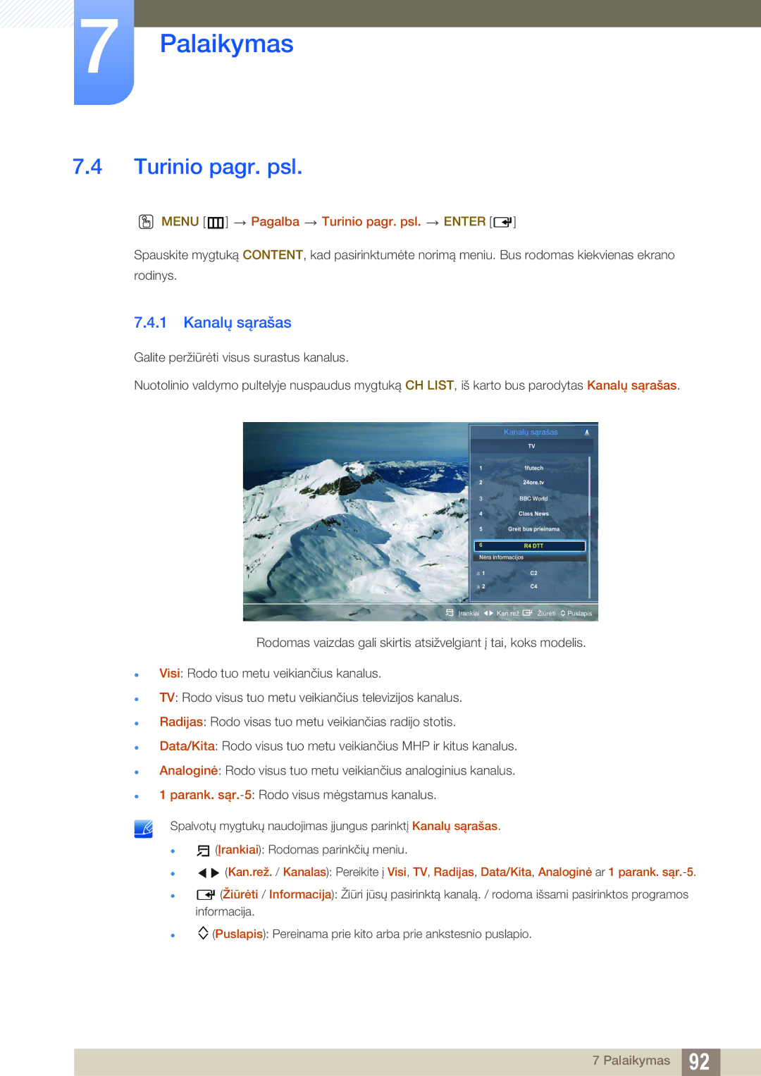 Samsung LH40HDBPLGD/EN manual Kanalų sąrašas, Menu m Pagalba Turinio pagr. psl. Enter 
