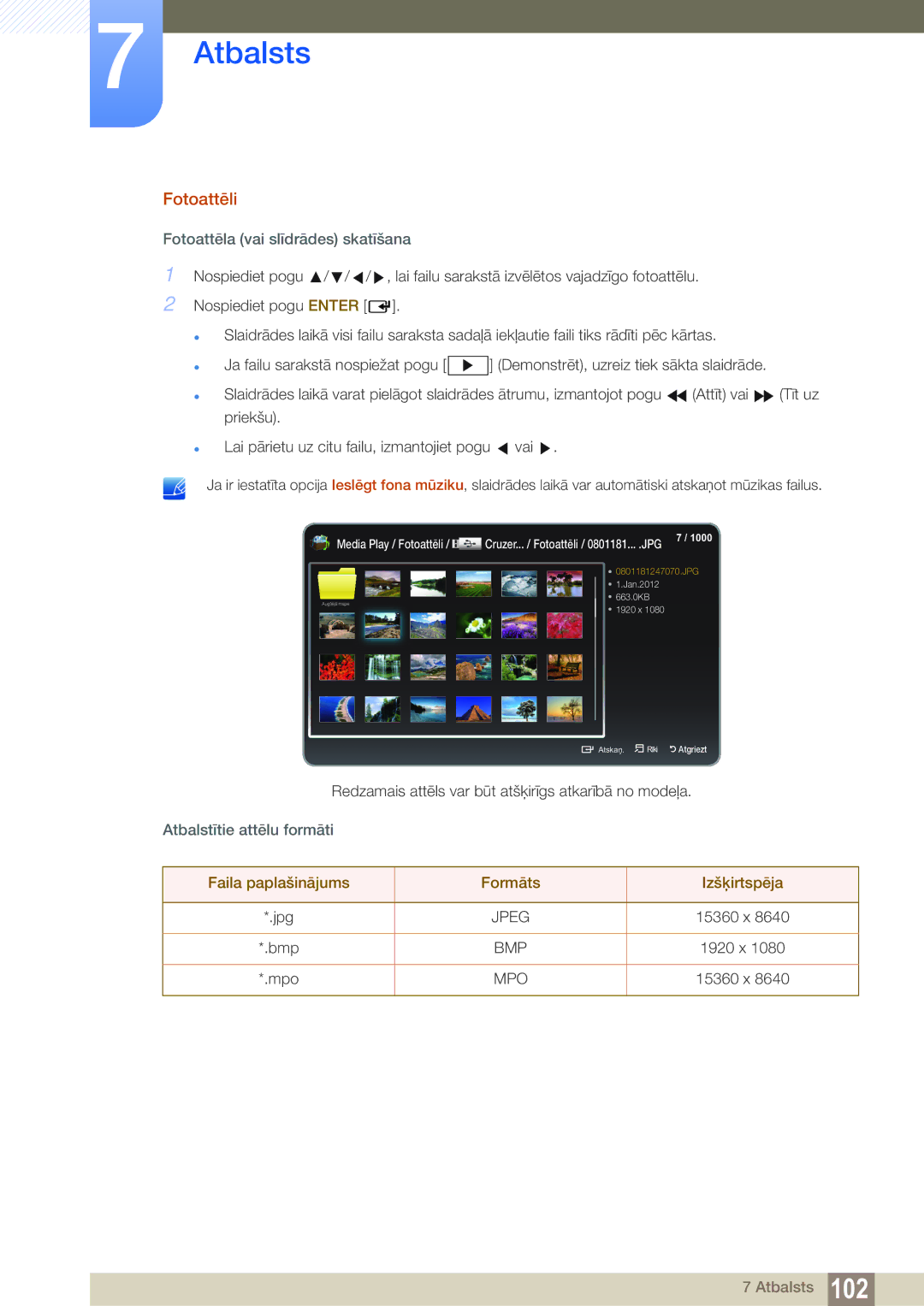 Samsung LH40HDBPLGD/EN manual Fotoattēli, Faila paplašinājums Formāts Izšķirtspēja 