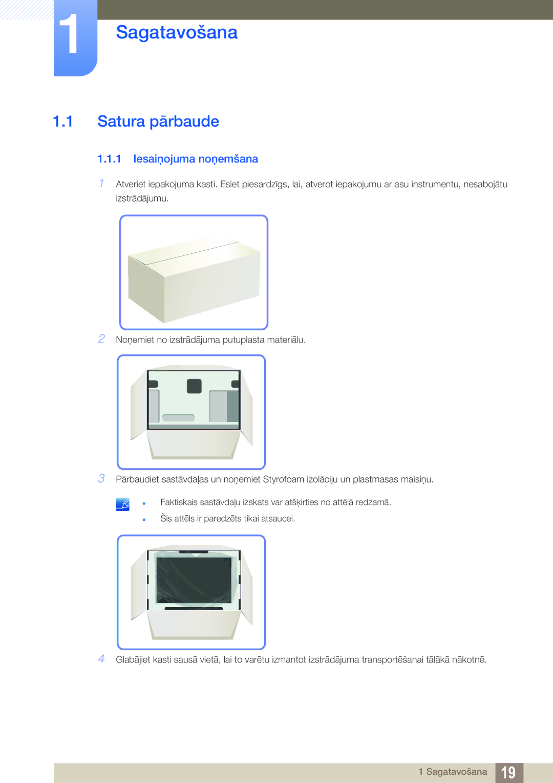 Samsung LH40HDBPLGD/EN manual Sagatavošana, Satura pārbaude, Iesaiņojuma noņemšana 