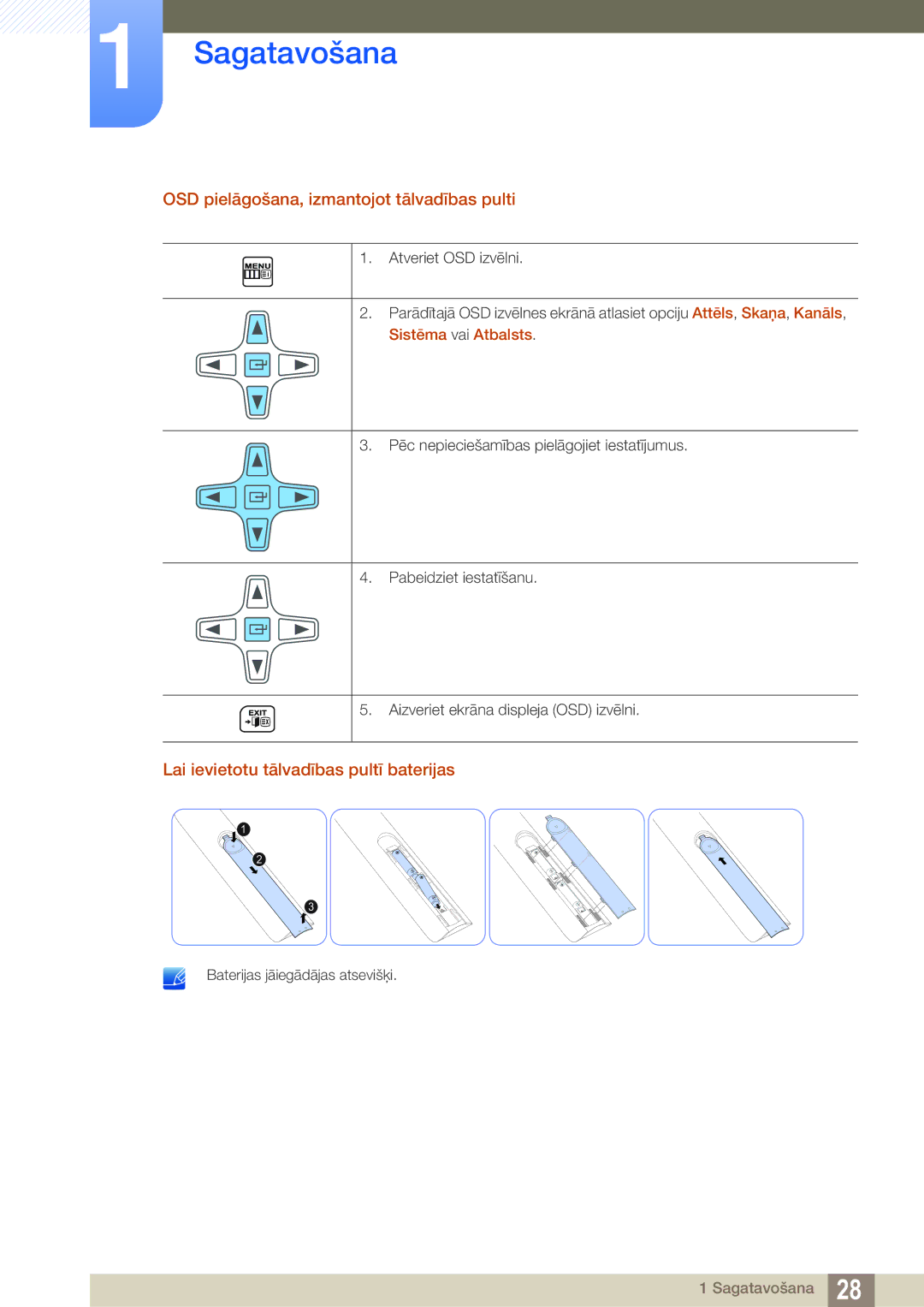 Samsung LH40HDBPLGD/EN manual OSD pielāgošana, izmantojot tālvadības pulti, Lai ievietotu tālvadības pultī baterijas 