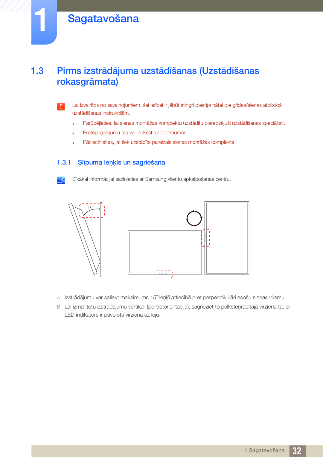 Samsung LH40HDBPLGD/EN manual Pirms izstrādājuma uzstādīšanas Uzstādīšanas rokasgrāmata, 1 Slīpuma leņķis un sagriešana 