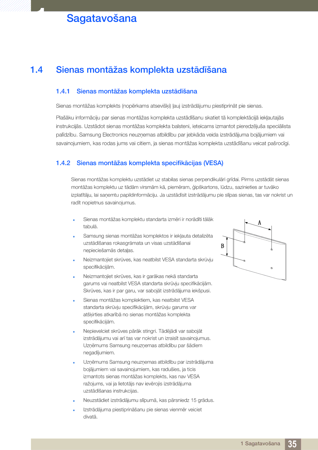 Samsung LH40HDBPLGD/EN manual Sienas montāžas komplekta uzstādīšana, Sienas montāžas komplekta specifikācijas Vesa 