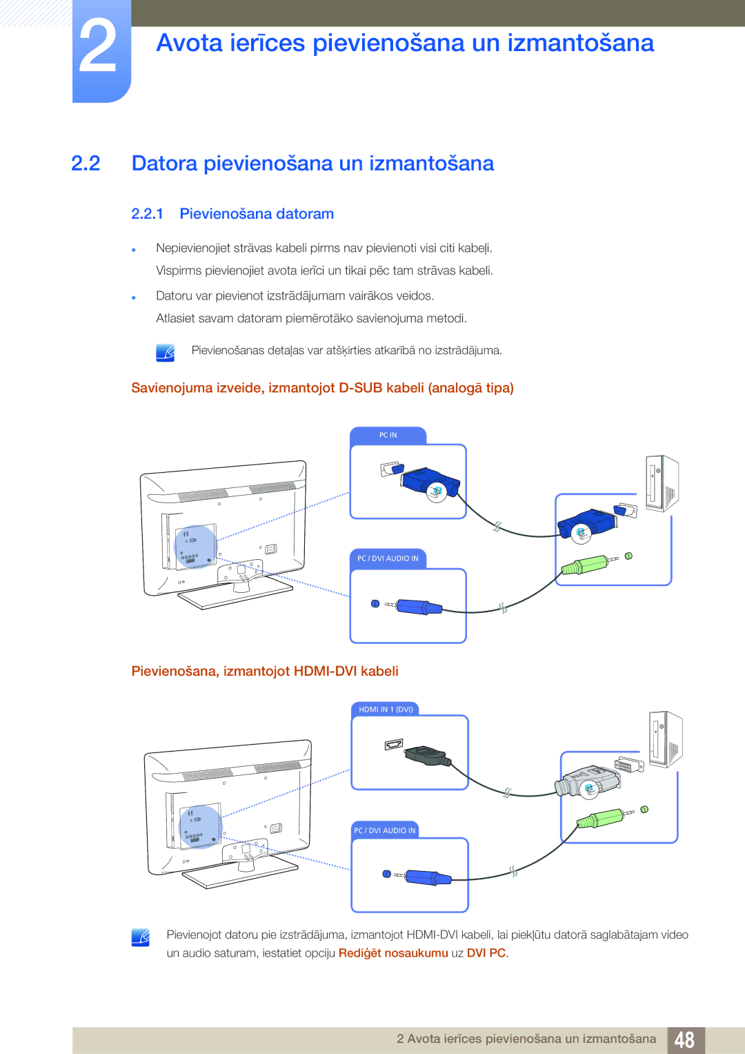 Samsung LH40HDBPLGD/EN Datora pievienošana un izmantošana, Pievienošana datoram, Pievienošana, izmantojot HDMI-DVI kabeli 