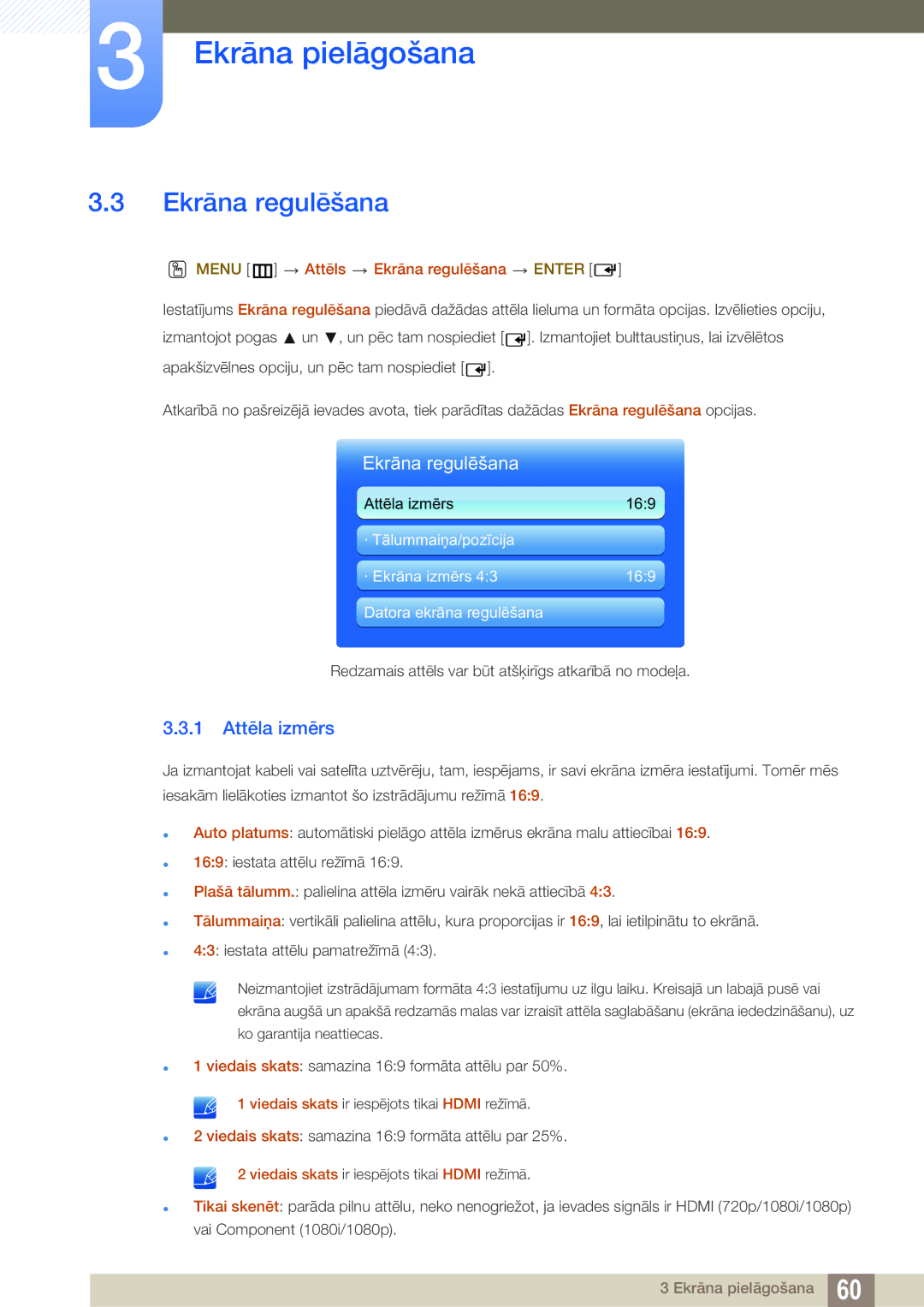 Samsung LH40HDBPLGD/EN manual 1 Attēla izmērs, Menu m Attēls Ekrāna regulēšana Enter 