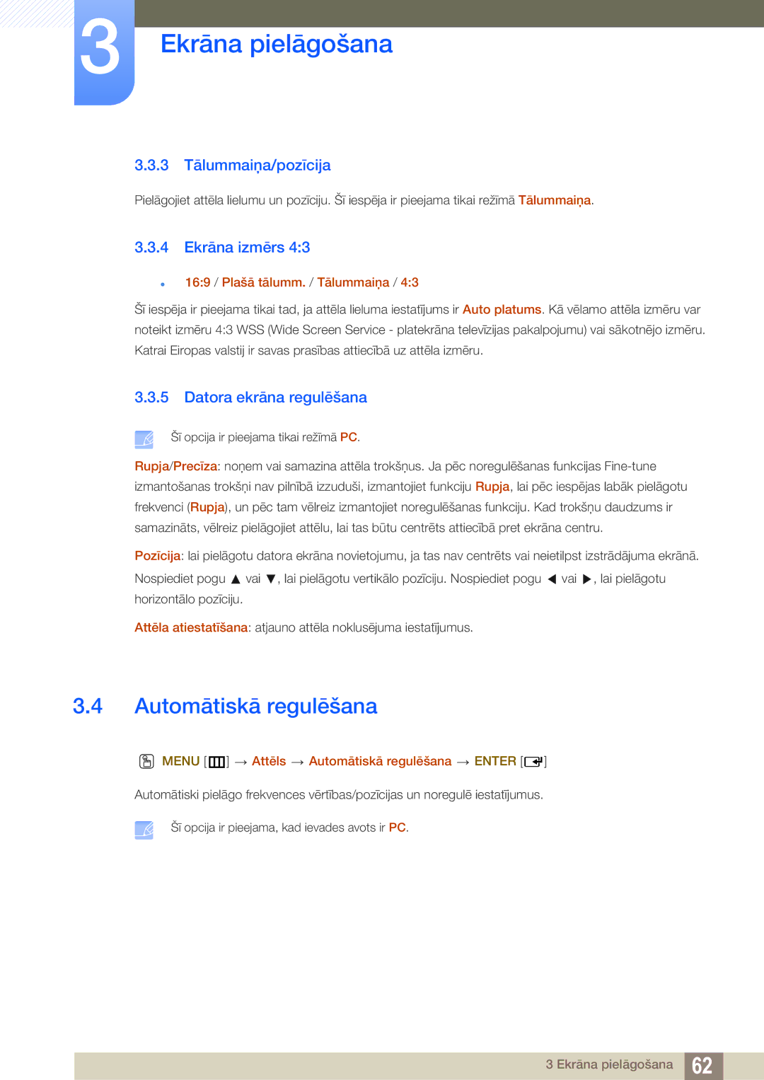 Samsung LH40HDBPLGD/EN manual Automātiskā regulēšana, 3 Tālummaiņa/pozīcija, 4 Ekrāna izmērs, Datora ekrāna regulēšana 
