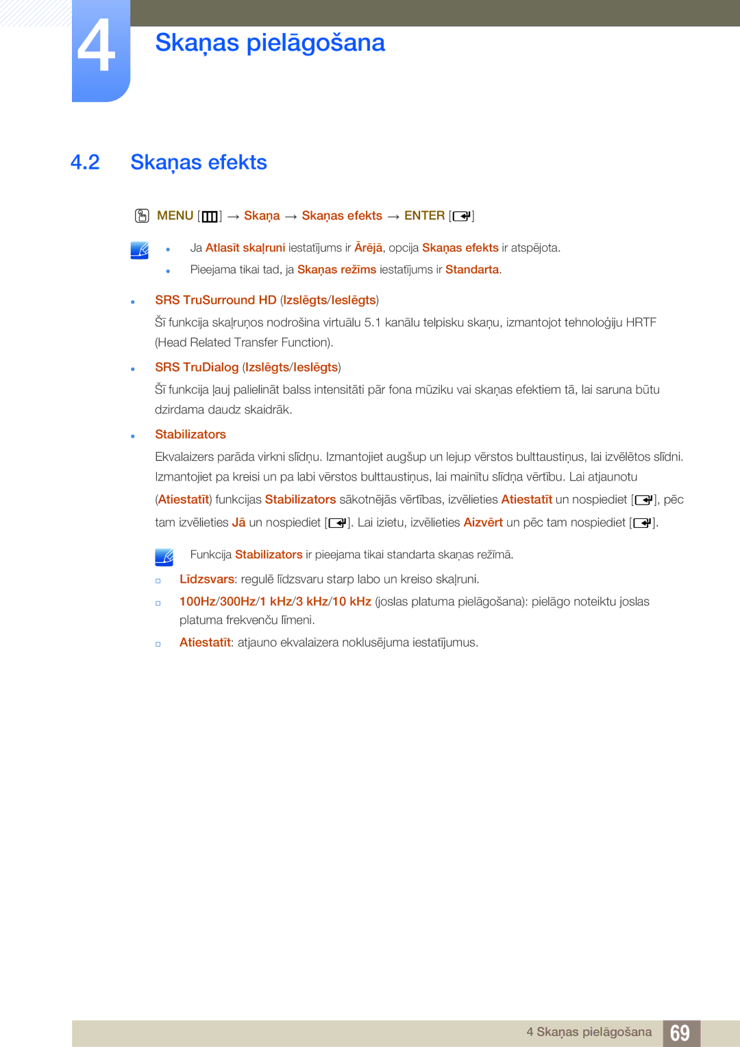 Samsung LH40HDBPLGD/EN manual Menu m Skaņa Skaņas efekts Enter, SRS TruSurround HD Izslēgts/Ieslēgts, Stabilizators 