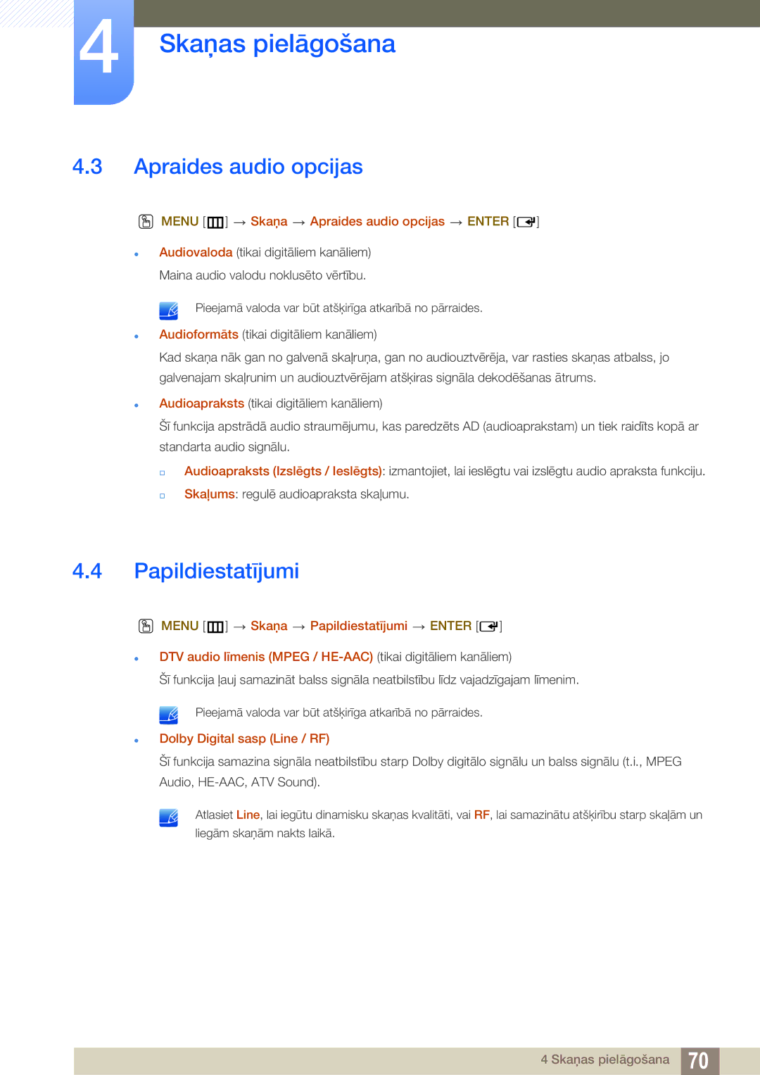 Samsung LH40HDBPLGD/EN Papildiestatījumi, Menu m Skaņa Apraides audio opcijas Enter, Dolby Digital sasp Line / RF 