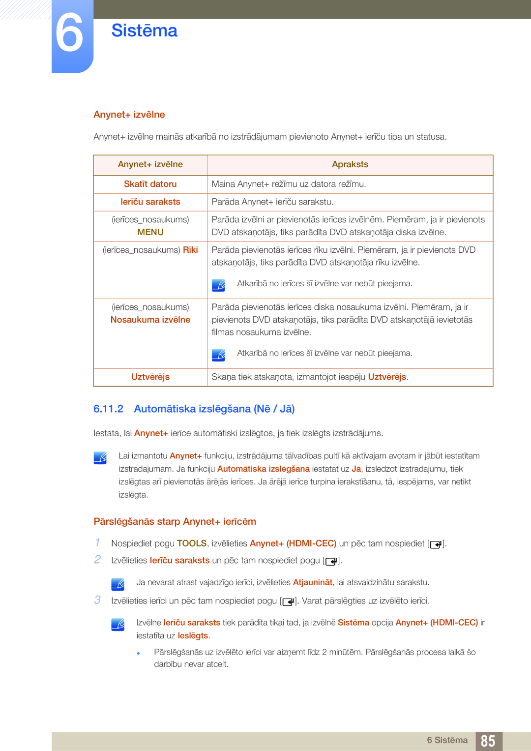 Samsung LH40HDBPLGD/EN manual Automātiska izslēgšana Nē / Jā, Anynet+ izvēlne, Pārslēgšanās starp Anynet+ ierīcēm 