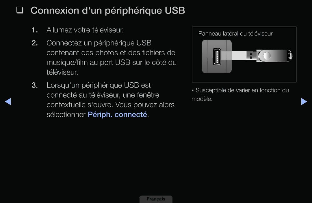 Samsung LH46HEPLGD/EN, LH40HEPLGD/EN manual Connexion dun périphérique USB 