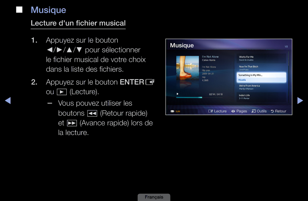 Samsung LH46HEPLGD/EN, LH40HEPLGD/EN manual Musique, Lecture dun fichier musical Appuyez sur le bouton 