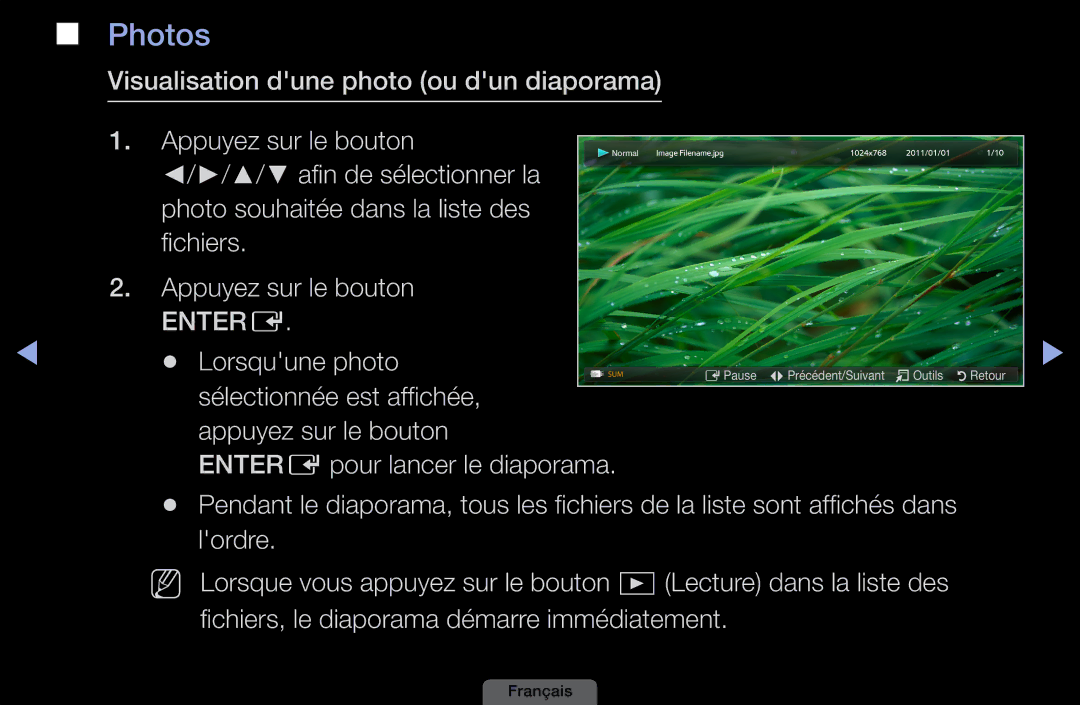 Samsung LH46HEPLGD/EN, LH40HEPLGD/EN manual Photos, Afin de sélectionner la, Lorsquune photo, Dans 