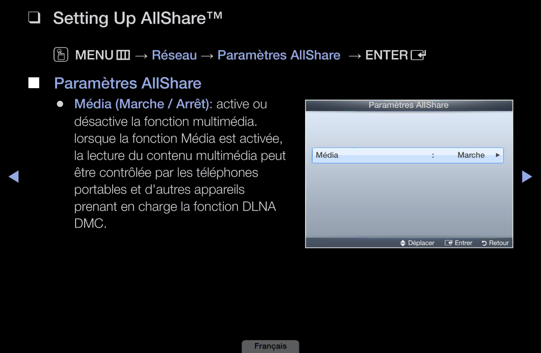 Samsung LH40HEPLGD/EN, LH46HEPLGD/EN manual Setting Up AllShare, Paramètres AllShare 
