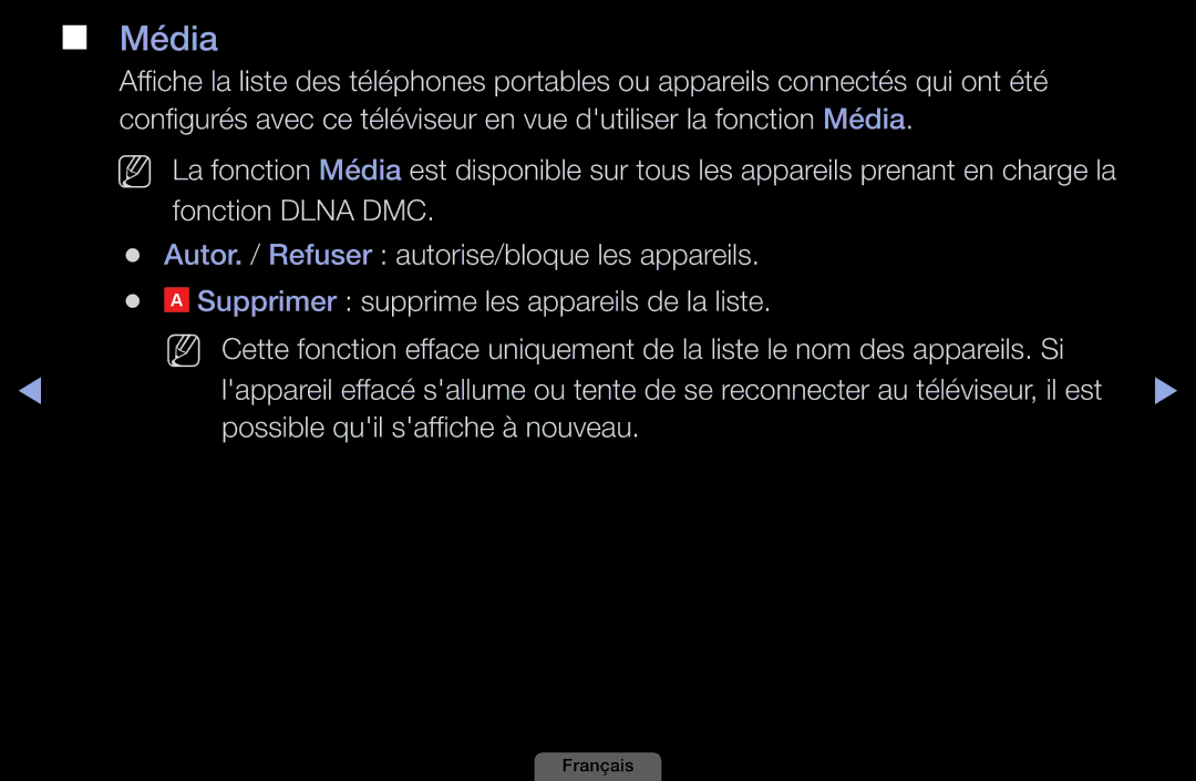 Samsung LH46HEPLGD/EN, LH40HEPLGD/EN manual Média, Fonction Dlna DMC, Autor. / Refuser autorise/bloque les appareils 