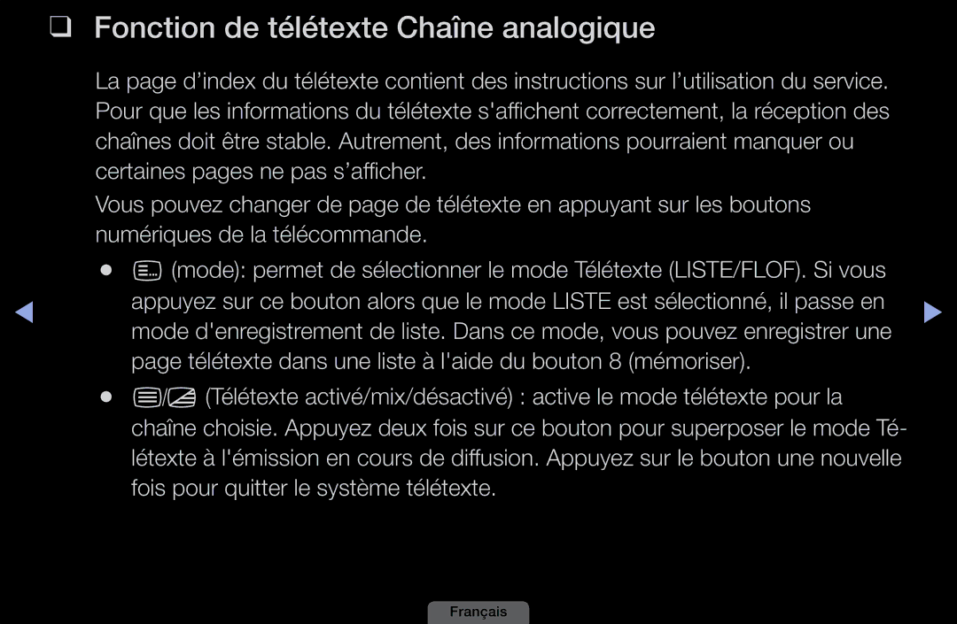 Samsung LH46HEPLGD/EN, LH40HEPLGD/EN manual Fonction de télétexte Chaîne analogique, Certaines pages ne pas s’afficher 