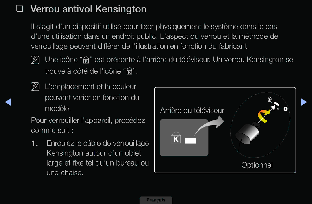 Samsung LH46HEPLGD/EN, LH40HEPLGD/EN manual Verrou antivol Kensington, Large et fixe tel qu’un bureau ouOptionnel une chaise 