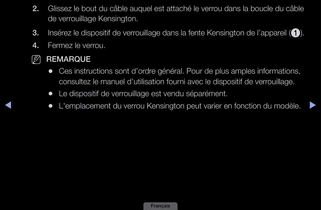 Samsung LH40HEPLGD/EN, LH46HEPLGD/EN manual Remarque, Le dispositif de verrouillage est vendu séparément 