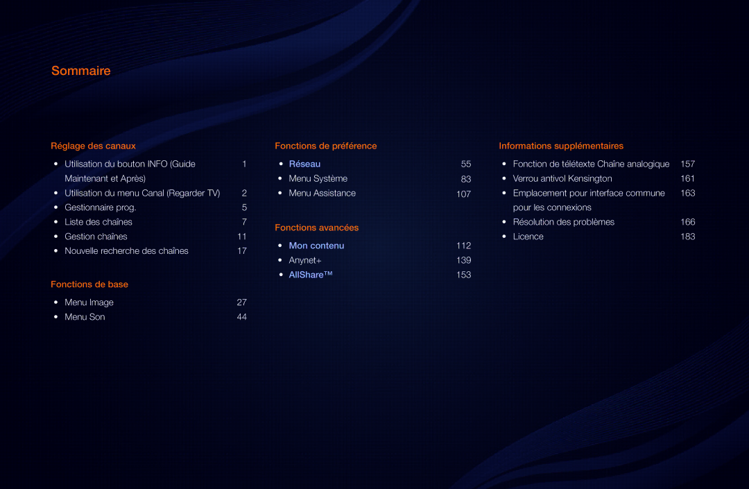 Samsung LH40HEPLGD/EN, LH46HEPLGD/EN manual Sommaire 