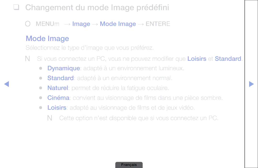 Samsung LH46HEPLGD/EN manual Changement du mode Image prédéfini, Mode Image, Dynamique adapté à un environnement lumineux 