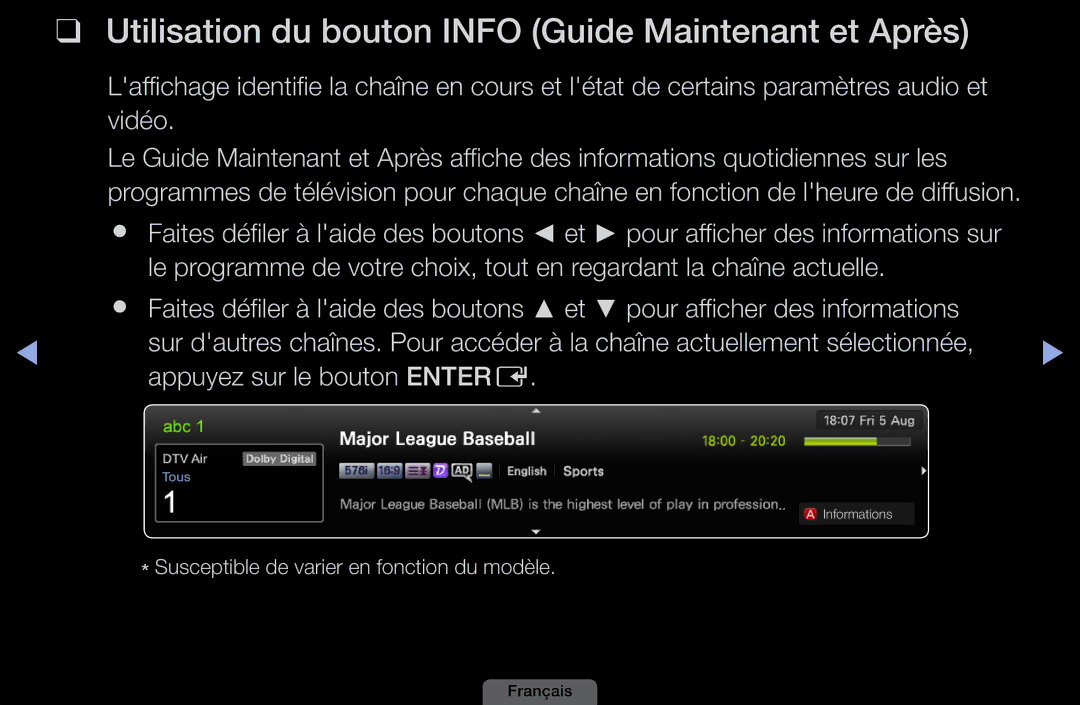 Samsung LH46HEPLGD/EN, LH40HEPLGD/EN manual Utilisation du bouton Info Guide Maintenant et Après 