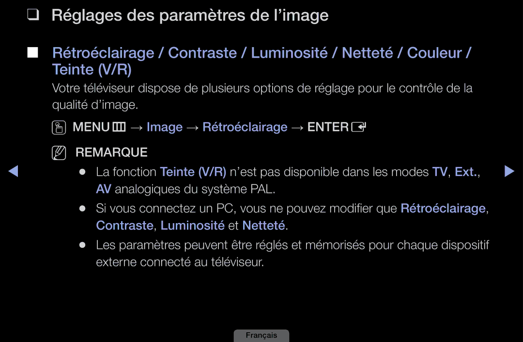 Samsung LH40HEPLGD/EN, LH46HEPLGD/EN manual Réglages des paramètres de l’image, Externe connecté au téléviseur 