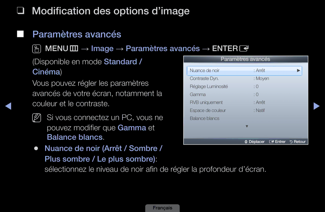 Samsung LH40HEPLGD/EN, LH46HEPLGD/EN manual Modification des options d’image Paramètres avancés 