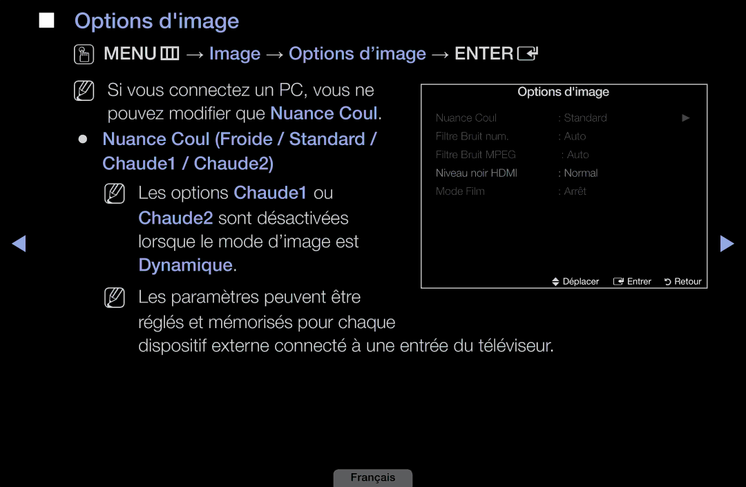 Samsung LH46HEPLGD/EN, LH40HEPLGD/EN manual Options dimage, Pouvez modifier que Nuance Coul, NN Les options Chaude1 ou 