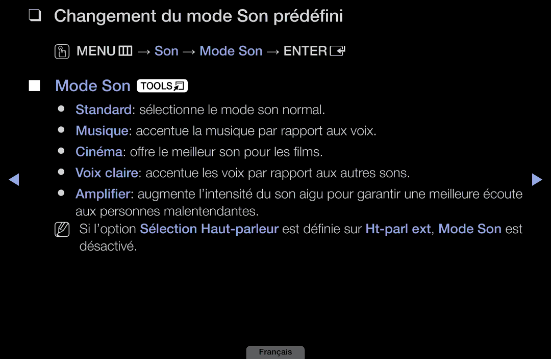 Samsung LH46HEPLGD/EN, LH40HEPLGD/EN manual Changement du mode Son prédéfini, Mode Son t, OOMENUm → Son → Mode Son → Entere 