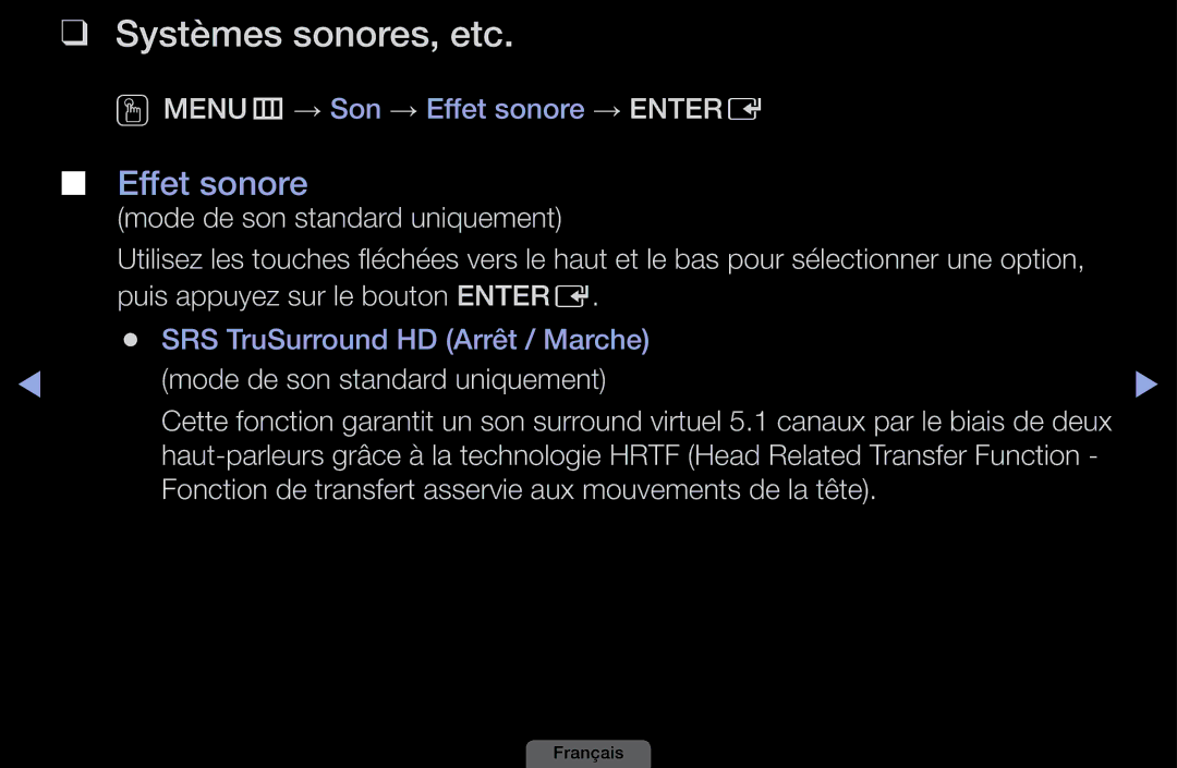 Samsung LH40HEPLGD/EN, LH46HEPLGD/EN manual Systèmes sonores, etc, Effet sonore, Mode de son standard uniquement 