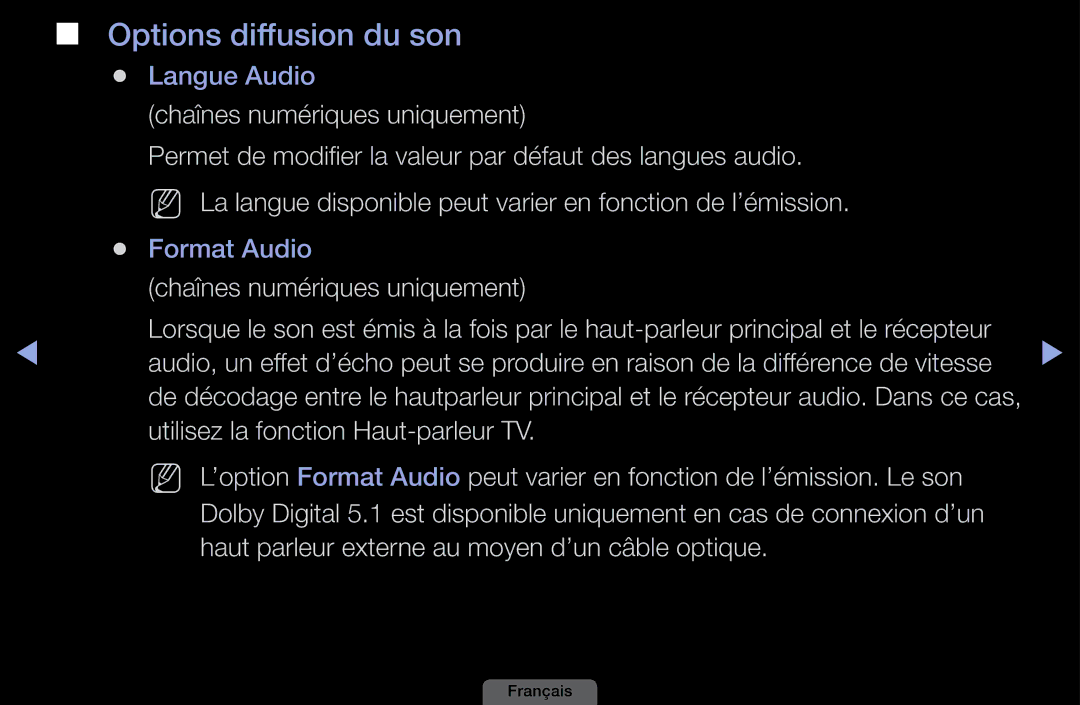 Samsung LH40HEPLGD/EN, LH46HEPLGD/EN manual Options diffusion du son, Chaînes numériques uniquement 