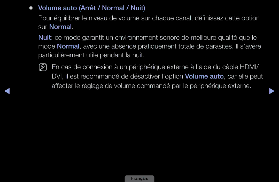 Samsung LH40HEPLGD/EN, LH46HEPLGD/EN manual Volume auto Arrêt / Normal / Nuit 