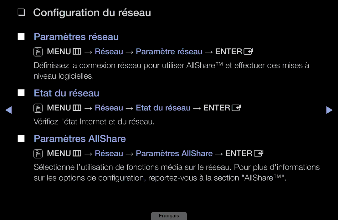 Samsung LH46HEPLGD/EN, LH40HEPLGD/EN manual Configuration du réseau, Paramètres réseau, Etat du réseau, Paramètres AllShare 