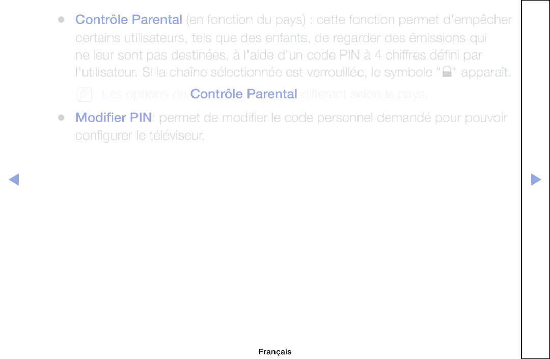 Samsung LH46HEPLGD/EN, LH40HEPLGD/EN manual NN Les options de Contrôle Parental diffèrent selon le pays 