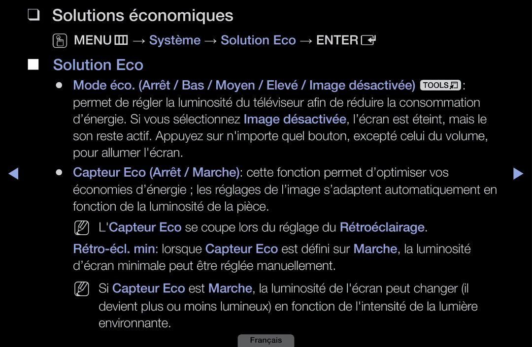 Samsung LH40HEPLGD/EN, LH46HEPLGD/EN manual Solutions économiques, Solution Eco, Pour allumer lécran 