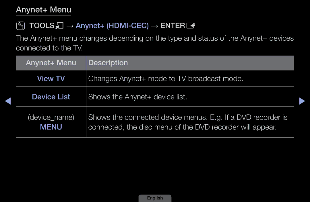 Samsung LH46HEPLGD/EN Device List Shows the Anynet+ device list, Connected, the disc menu of the DVD recorder will appear 