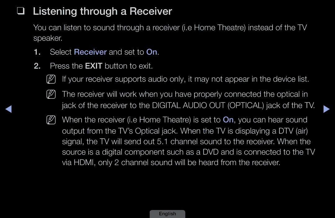 Samsung LH46HEPLGD/EN, LH40HEPLGD/EN manual Listening through a Receiver 