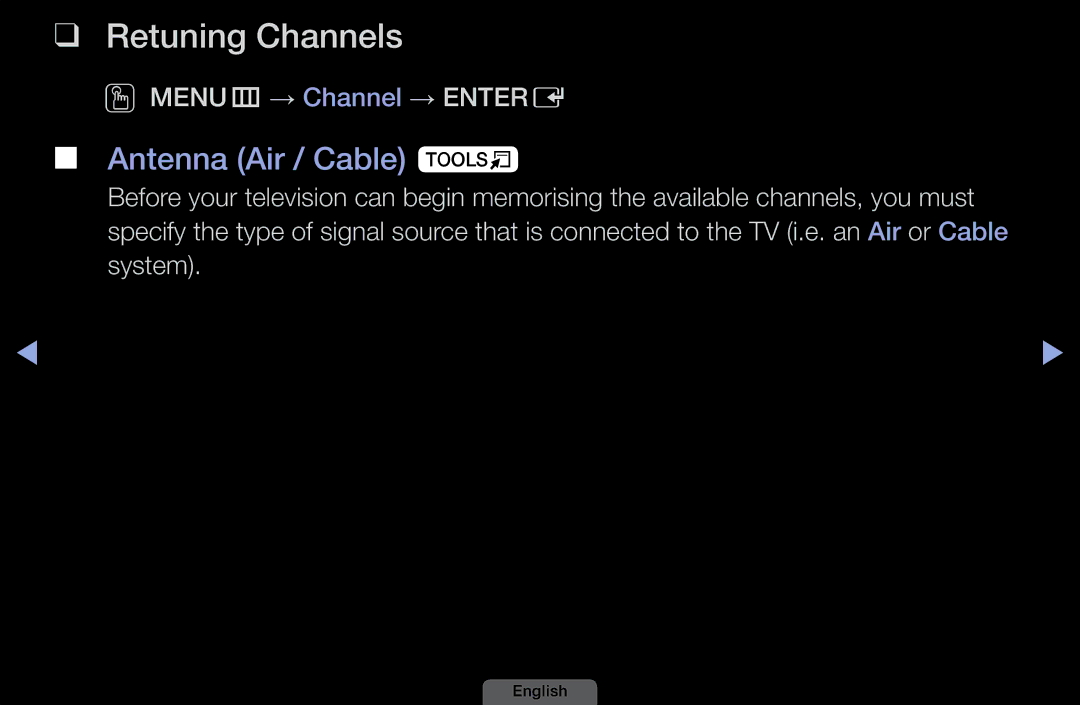 Samsung LH46HEPLGD/EN, LH40HEPLGD/EN manual Retuning Channels, Antenna Air / Cable t, OMENUm → Channel → Entere 