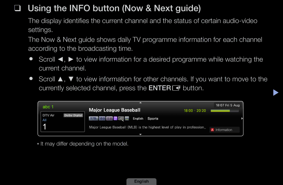 Samsung LH46HEPLGD/EN, LH40HEPLGD/EN manual Using the Info button Now & Next guide 