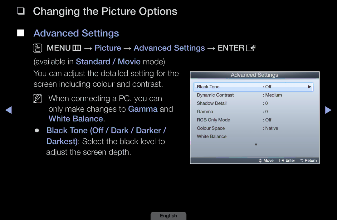 Samsung LH40HEPLGD/EN, LH46HEPLGD/EN manual Changing the Picture Options, Advanced Settings 