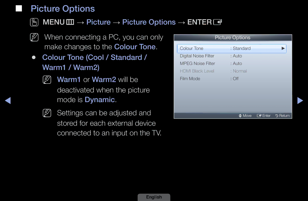 Samsung LH46HEPLGD/EN manual Picture Options, Deactivated when the picture, Mode is Dynamic, NN Settings can be adjusted 