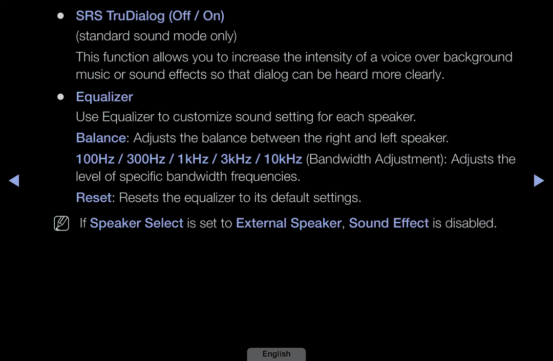 Samsung LH46HEPLGD/EN Use Equalizer to customize sound setting for each speaker, Level of specific bandwidth frequencies 