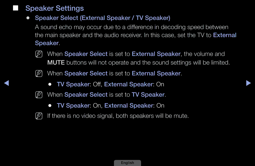 Samsung LH46HEPLGD/EN, LH40HEPLGD/EN manual Speaker Settings, NN If there is no video signal, both speakers will be mute 